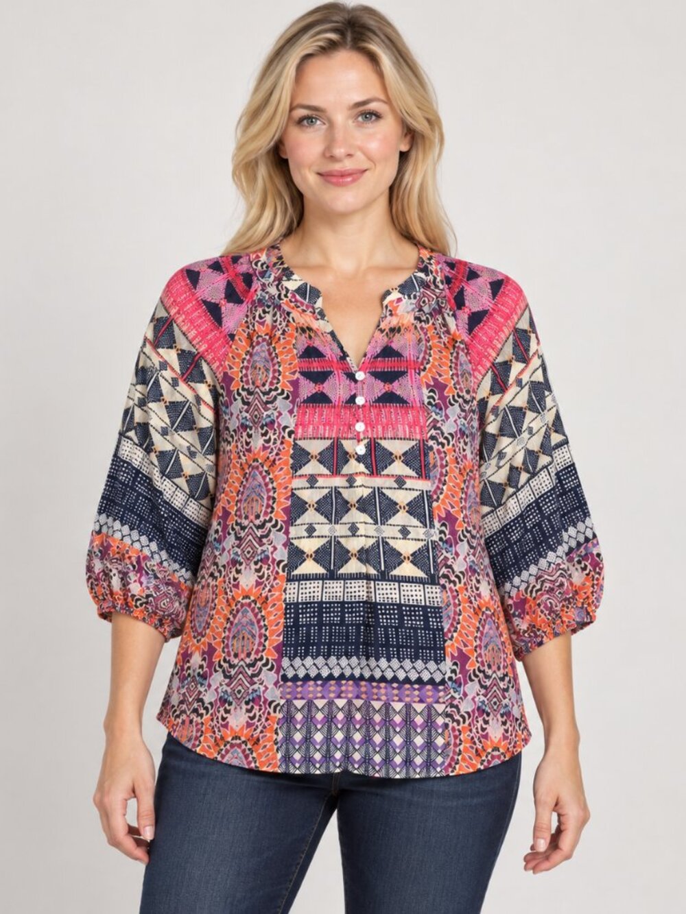 Fig and Flower Womens Blouse M Multicolor Geometric Print 3/4 Sleeves Buttons